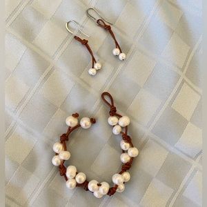 Pearl & Leather Bracelet & Earring Set